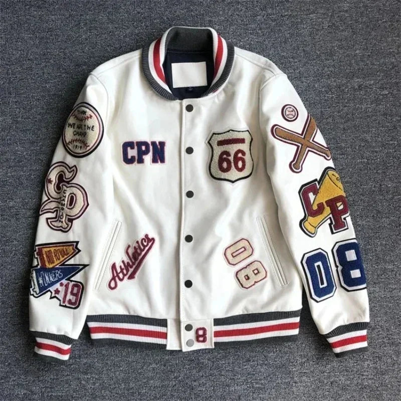 American high-quality PU leather flame racing element embroidery zipper jacket men clothes y2k autumn winter fashion couple coat