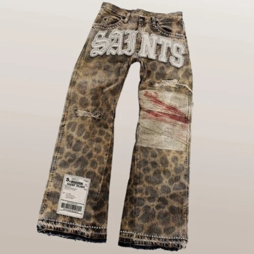 Streetwear Men Leopard Trend Print Harajuku Flared Jean Vintage Distressed Patchwork Letter Y2K Punk Aesthetic Wide Denim Pants