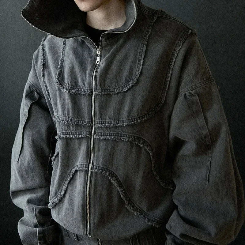 Y2K Popular Vintage Denim Jacket American Gothic Double Zipper Stitching Flanging Design Zip Up Hoodie Unisex Punk Streetwear