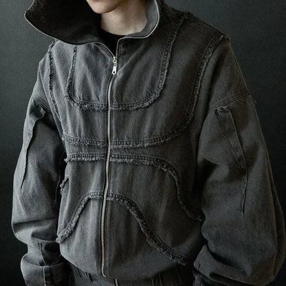 Y2K Popular Vintage Denim Jacket American Gothic Double Zipper Stitching Flanging Design Zip Up Hoodie Unisex Punk Streetwear