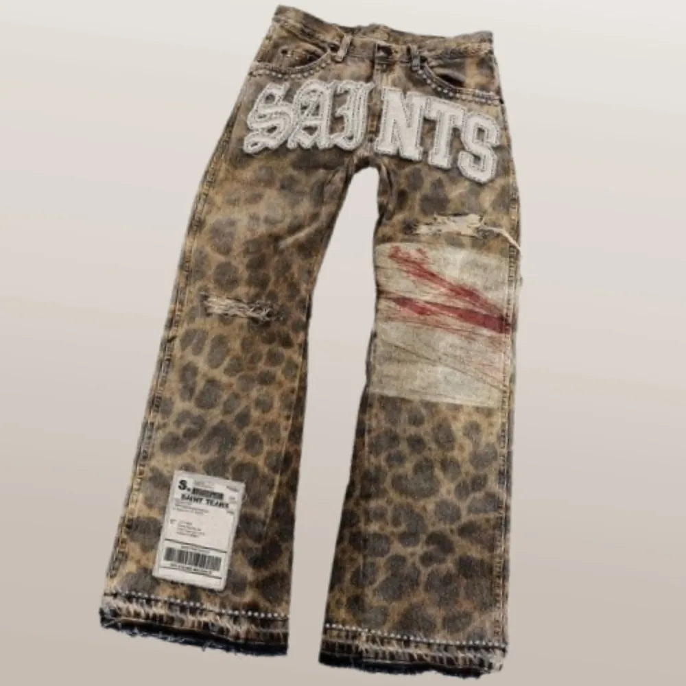 Streetwear Men Leopard Trend Print Harajuku Flared Jean Vintage Distressed Patchwork Letter Y2K Punk Aesthetic Wide Denim Pants
