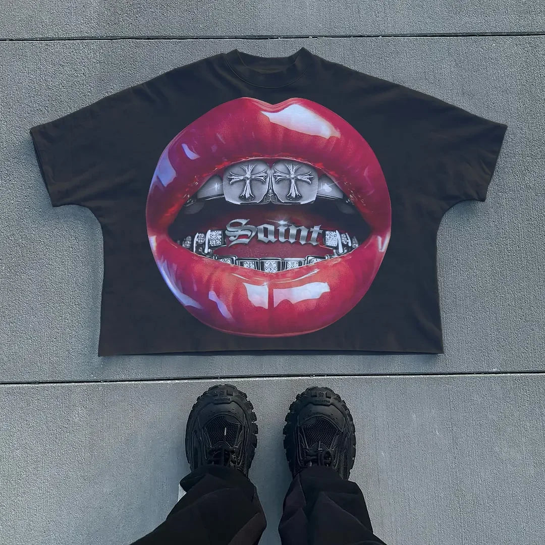 Mens Y2k Oversized T Shirt Lips Print Cotton Streetwear Loose Fit Casual Tee Summer Top Lightweight Comfortable Multiple Colors