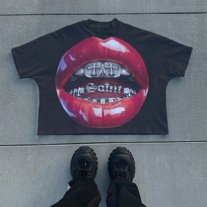 Mens Y2k Oversized T Shirt Lips Print Cotton Streetwear Loose Fit Casual Tee Summer Top Lightweight Comfortable Multiple Colors