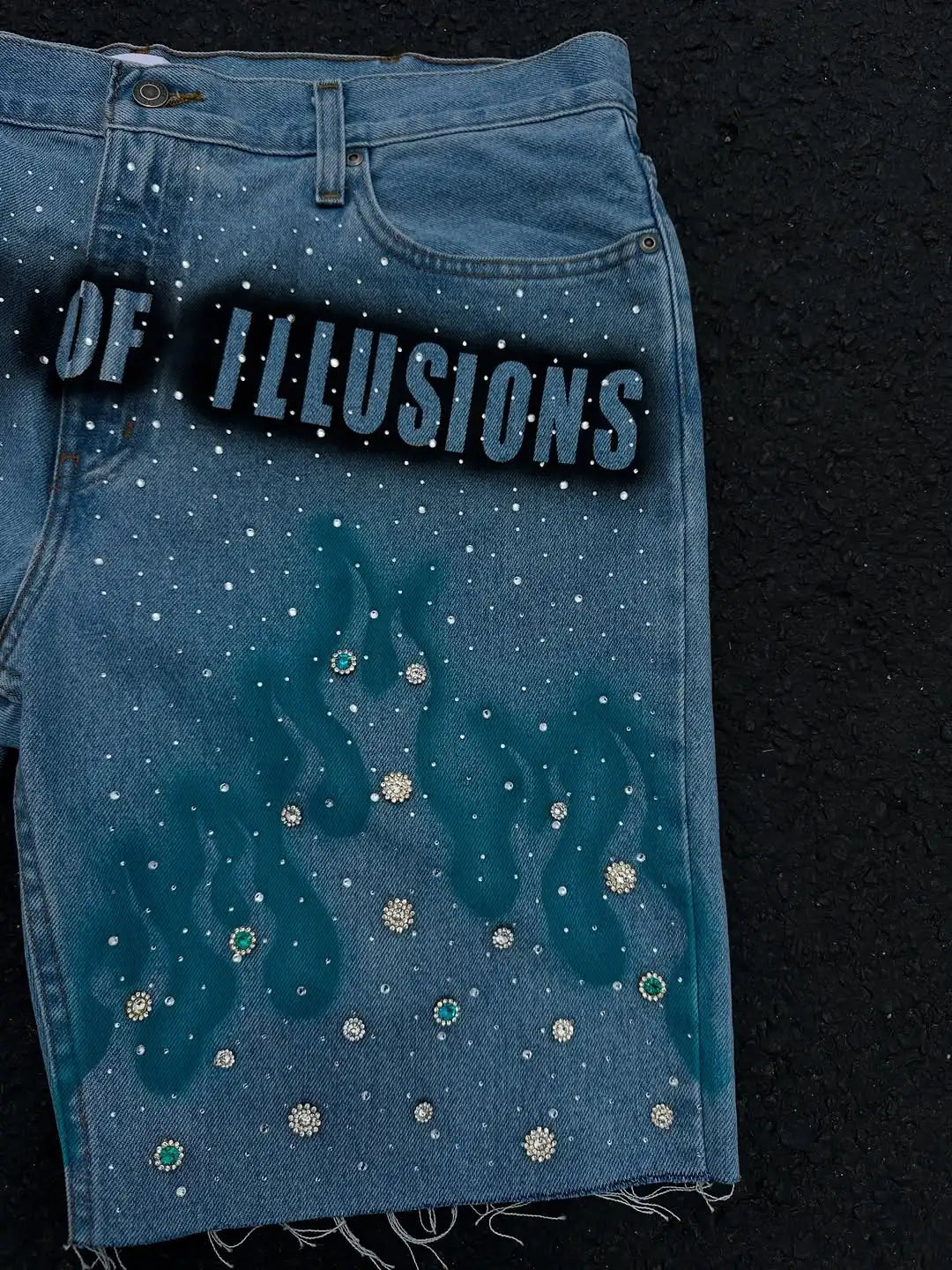 American Fashion Harajuku Blue Flame Rhinestone Short Jeans Men's Loose Casual Summer Wide Legs Street Couple Full of Star Jeans