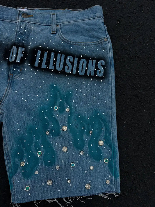 American Fashion Harajuku Blue Flame Rhinestone Short Jeans Men's Loose Casual Summer Wide Legs Street Couple Full of Star Jeans