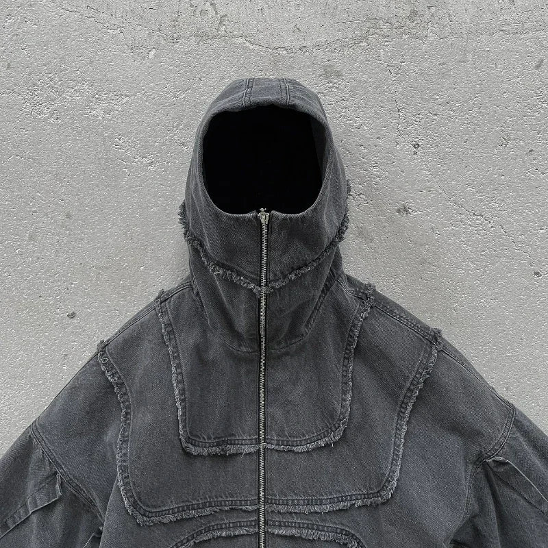 Y2K Popular Vintage Denim Jacket American Gothic Double Zipper Stitching Flanging Design Zip Up Hoodie Unisex Punk Streetwear