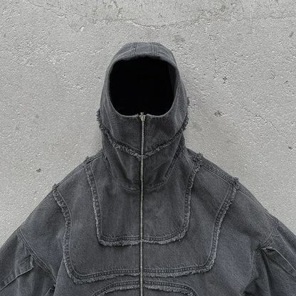 Y2K Popular Vintage Denim Jacket American Gothic Double Zipper Stitching Flanging Design Zip Up Hoodie Unisex Punk Streetwear