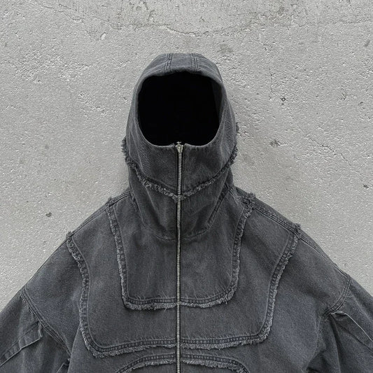 Y2K Popular Vintage Denim Jacket American Gothic Double Zipper Stitching Flanging Design Zip Up Hoodie Unisex Punk Streetwear