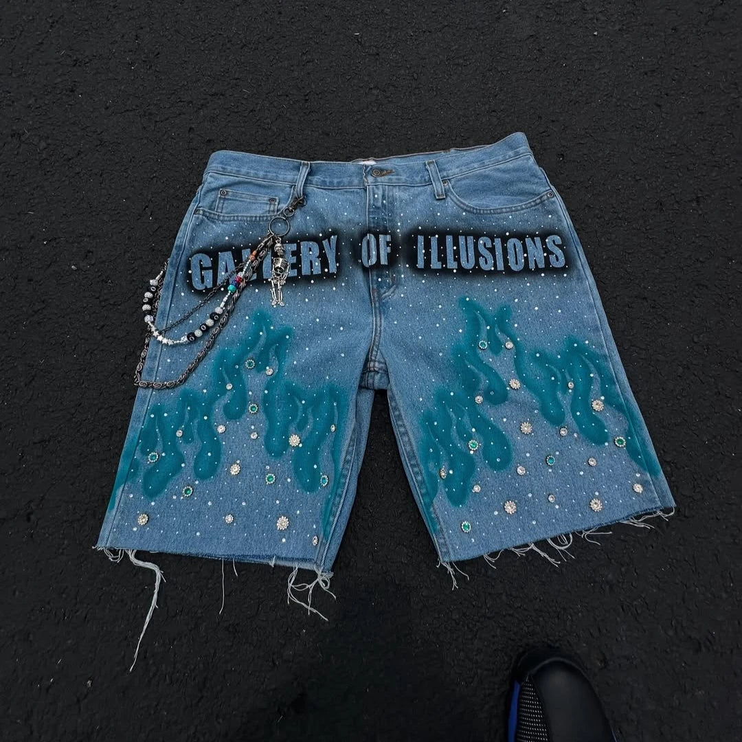 American Fashion Harajuku Blue Flame Rhinestone Short Jeans Men's Loose Casual Summer Wide Legs Street Couple Full of Star Jeans