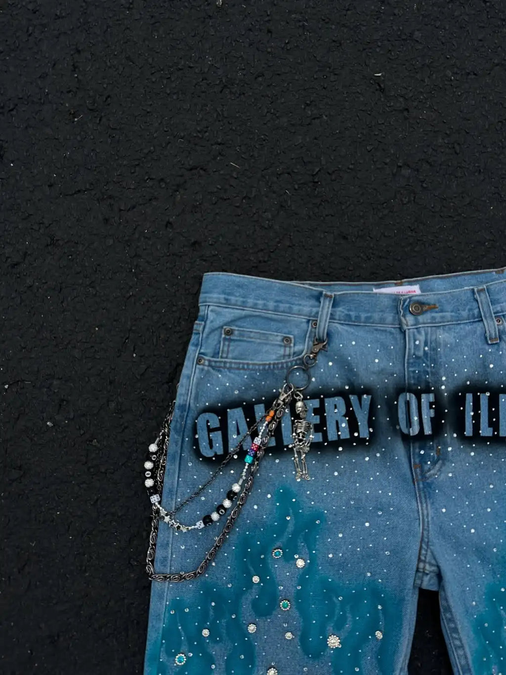 American Fashion Harajuku Blue Flame Rhinestone Short Jeans Men's Loose Casual Summer Wide Legs Street Couple Full of Star Jeans