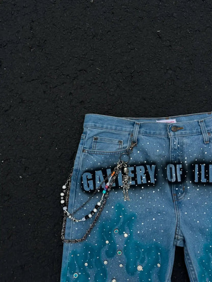 American Fashion Harajuku Blue Flame Rhinestone Short Jeans Men's Loose Casual Summer Wide Legs Street Couple Full of Star Jeans