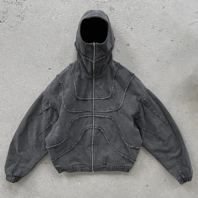 Y2K Popular Vintage Denim Jacket American Gothic Double Zipper Stitching Flanging Design Zip Up Hoodie Unisex Punk Streetwear