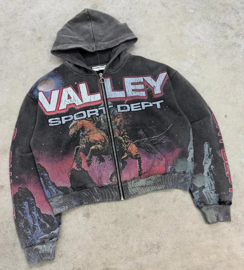 Y2K New Zipper Hoodie Men American Retro Washed Letter Printed Sportswear High Street Gothic Fashion Loose Top Unisex Clothing