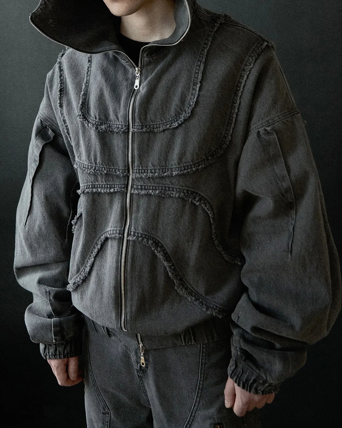 Y2K Popular Vintage Denim Jacket American Gothic Double Zipper Stitching Flanging Design Zip Up Hoodie Unisex Punk Streetwear