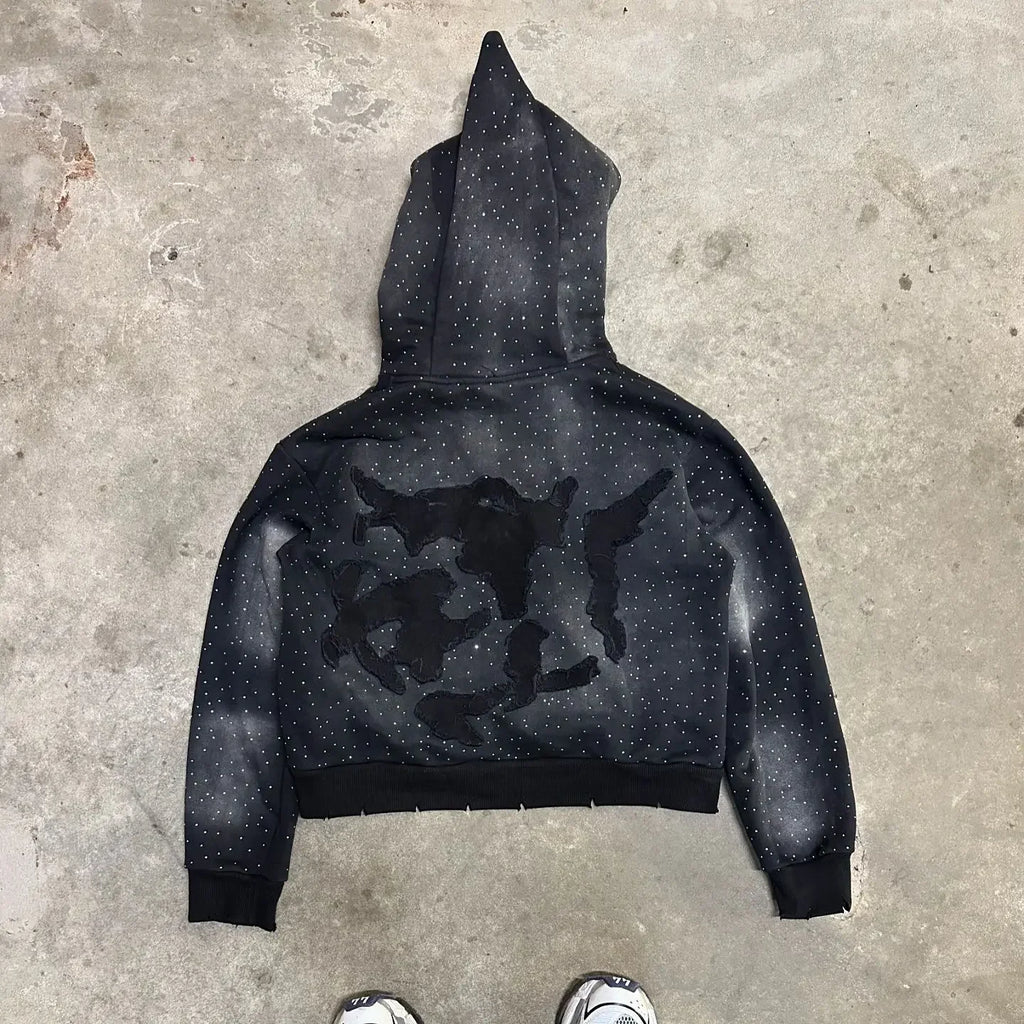 American New Harajuku Fashion Flash Diamond Oversized Letter Patch Hoodie Mens Womens Y2K Hip Hop Gothic Casual Joker Sweatshirt