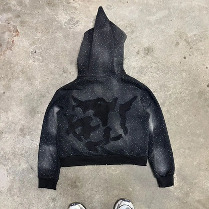 American New Harajuku Fashion Flash Diamond Oversized Letter Patch Hoodie Mens Womens Y2K Hip Hop Gothic Casual Joker Sweatshirt
