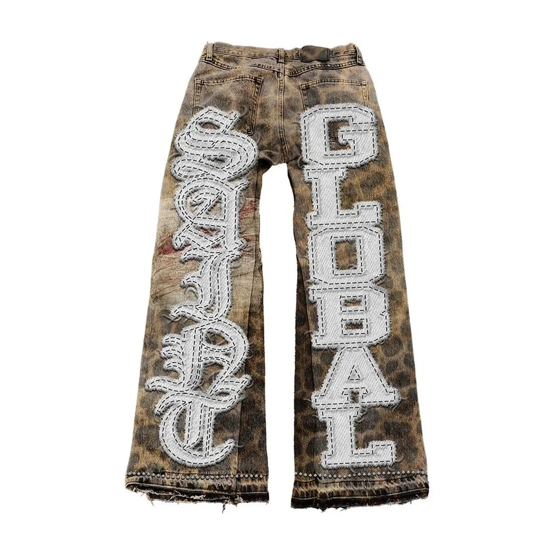 Streetwear Men Leopard Trend Print Harajuku Flared Jean Vintage Distressed Patchwork Letter Y2K Punk Aesthetic Wide Denim Pants