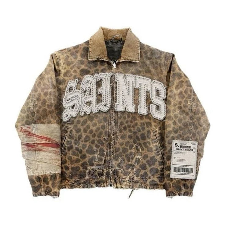 Vintage Camouflage Leopard Print Jackets Y2K Coat Men Women Harajuku Hiphop Letter Patch Embroidery Oversized Jacket Casual Coat