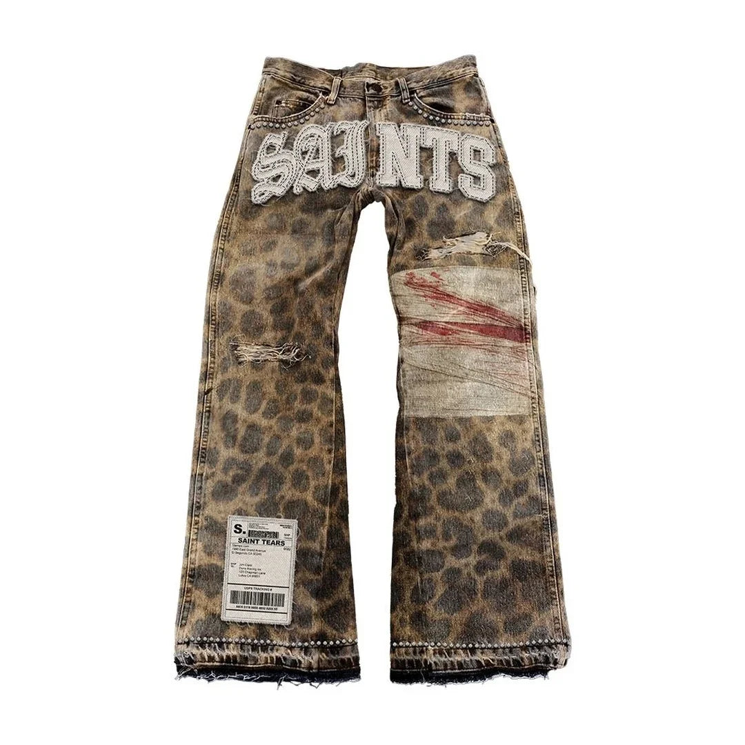 Streetwear Men Leopard Trend Print Harajuku Flared Jean Vintage Distressed Patchwork Letter Y2K Punk Aesthetic Wide Denim Pants