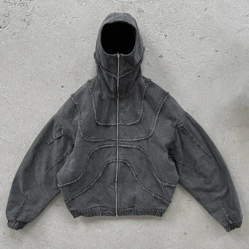 Y2K Popular Vintage Denim Jacket American Gothic Double Zipper Stitching Flanging Design Zip Up Hoodie Unisex Punk Streetwear
