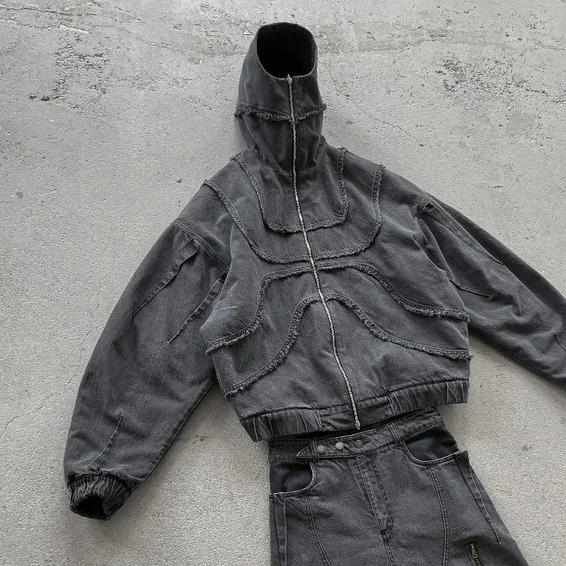 Y2K Popular Vintage Denim Jacket American Gothic Double Zipper Stitching Flanging Design Zip Up Hoodie Unisex Punk Streetwear