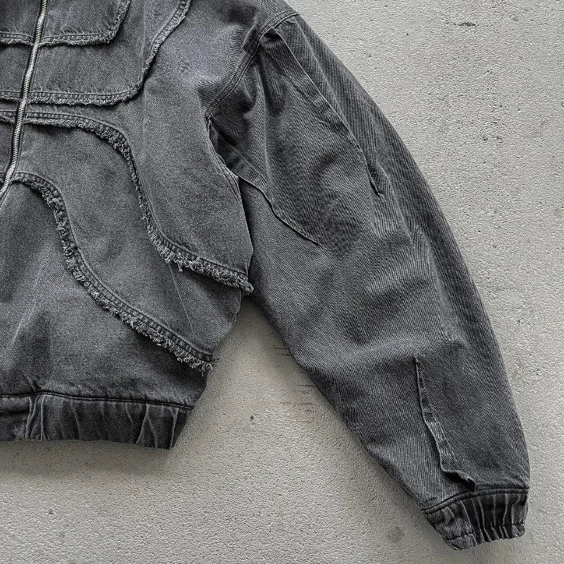 Y2K Popular Vintage Denim Jacket American Gothic Double Zipper Stitching Flanging Design Zip Up Hoodie Unisex Punk Streetwear