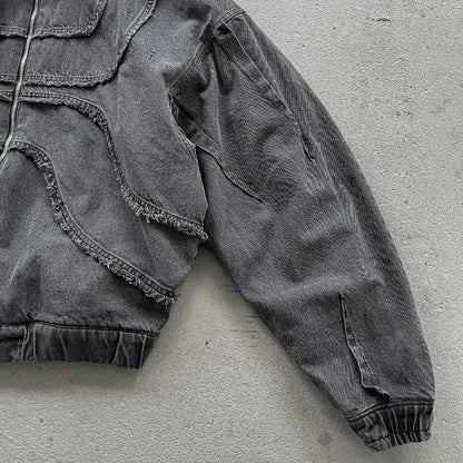 Y2K Popular Vintage Denim Jacket American Gothic Double Zipper Stitching Flanging Design Zip Up Hoodie Unisex Punk Streetwear