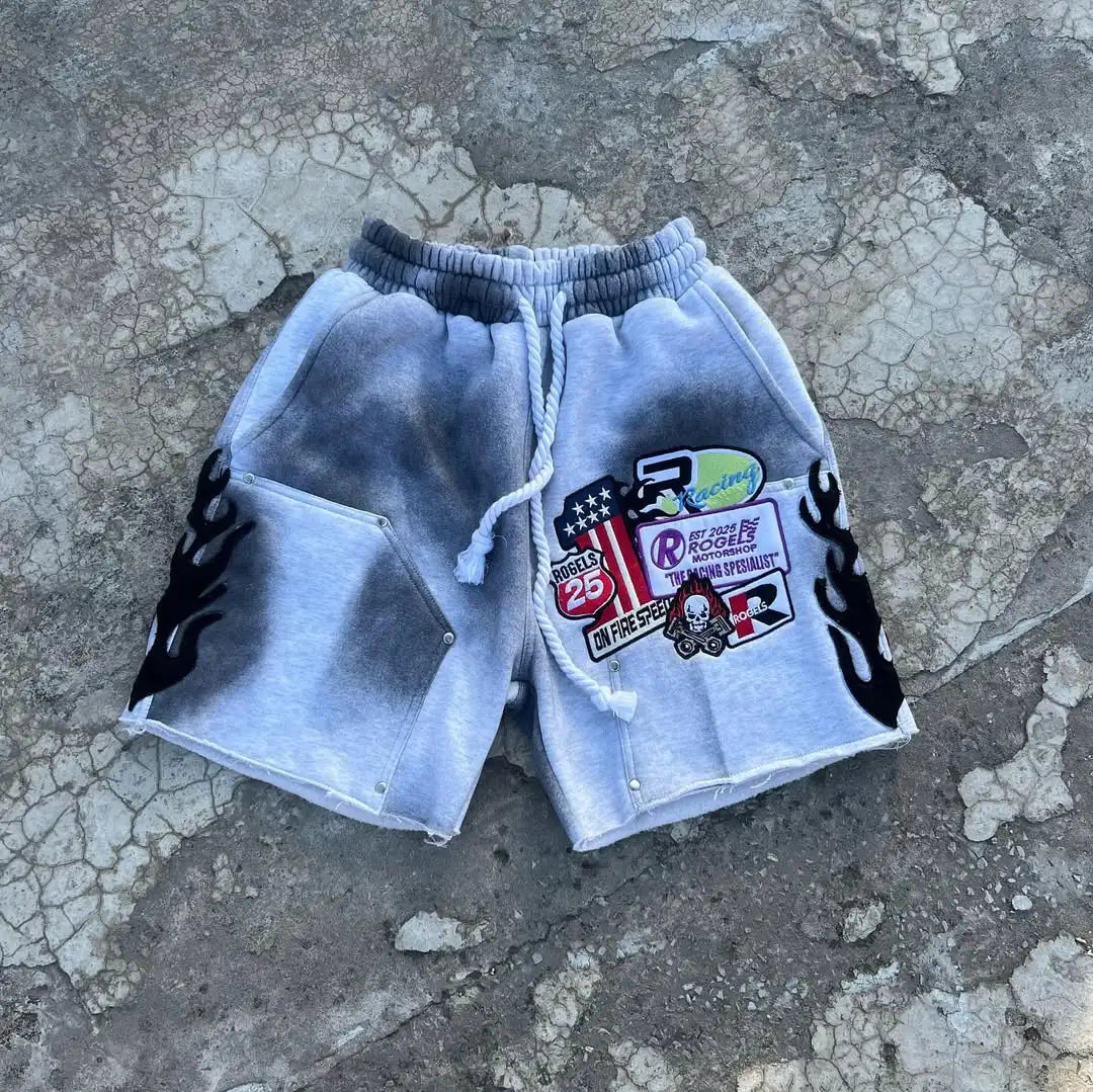 American Fashion Harajuku Blue Flame Rhinestone Short Jeans Men's Loose Casual Summer Wide Legs Street Couple Full of Star Jeans