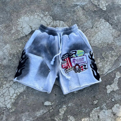 American Fashion Harajuku Blue Flame Rhinestone Short Jeans Men's Loose Casual Summer Wide Legs Street Couple Full of Star Jeans